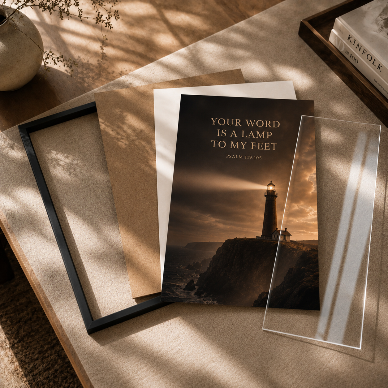 Your Word Is a Lamp to My Feet – Psalm 119:105 Christian Lighthouse Wall Art | Premium Wooden Framed Print