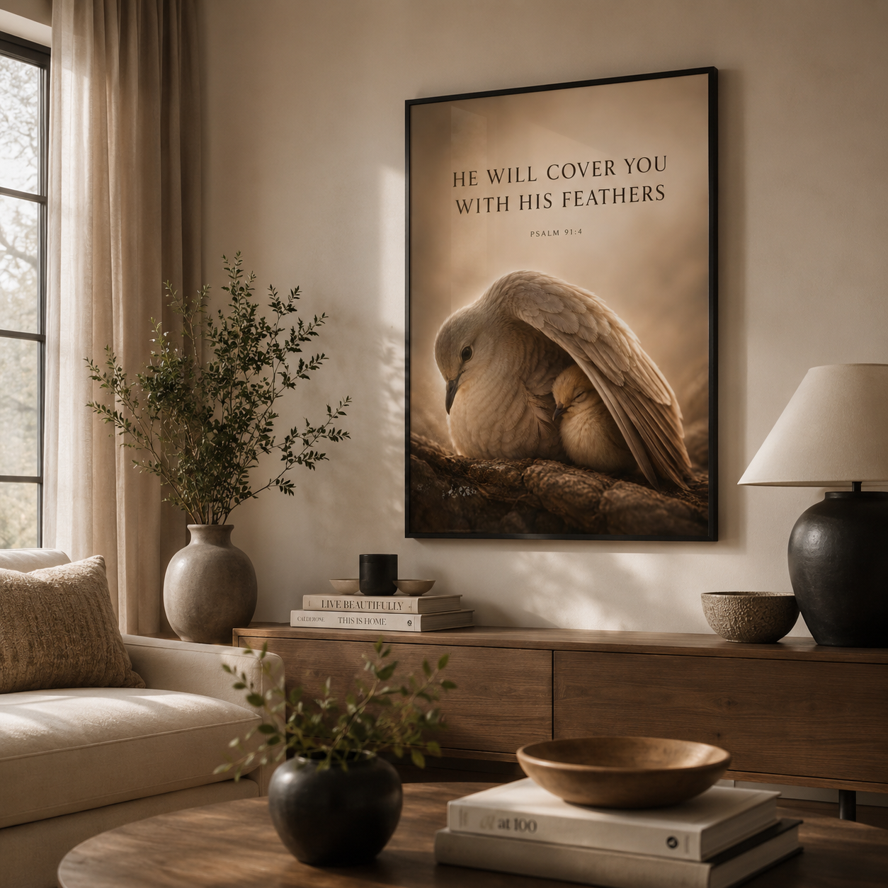 He Will Cover You – Psalm 91:4 Christian Wall Art | Premium Wooden Framed Scripture Print