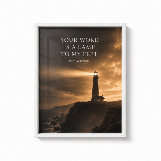 Your Word Is a Lamp to My Feet – Psalm 119:105 Christian Lighthouse Wall Art | Premium Wooden Framed Print
