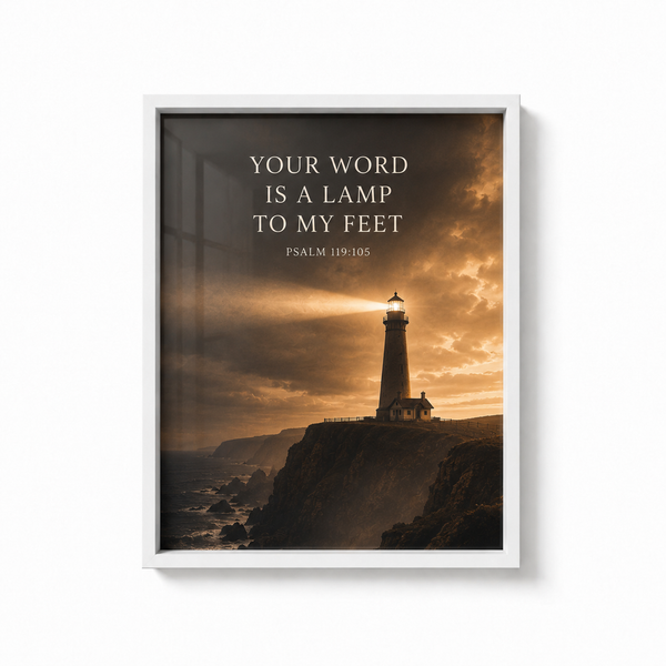Your Word Is a Lamp to My Feet – Psalm 119:105 Christian Lighthouse Wall Art | Premium Wooden Framed Print