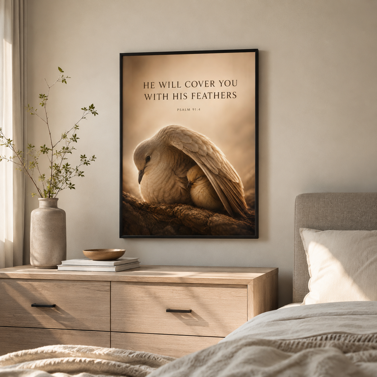 He Will Cover You – Psalm 91:4 Christian Wall Art | Premium Wooden Framed Scripture Print