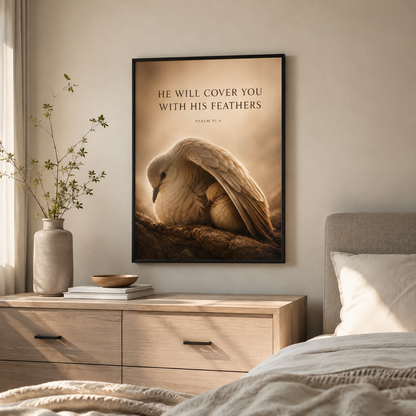 He Will Cover You – Psalm 91:4 Christian Wall Art | Premium Wooden Framed Scripture Print