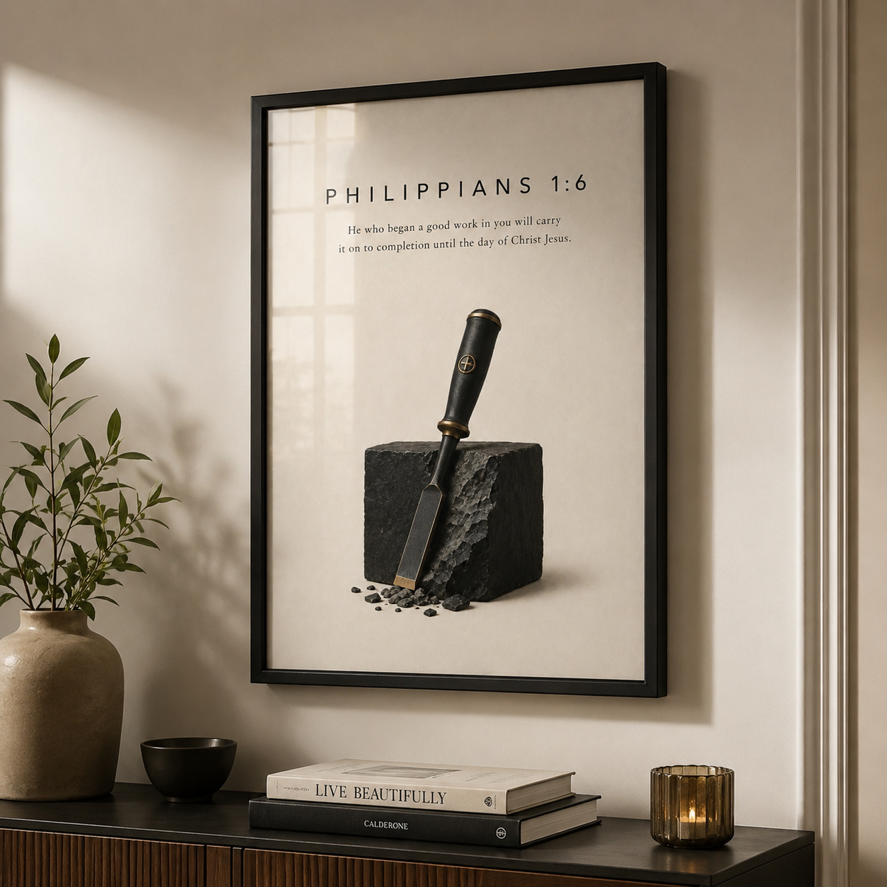 Philippians 1:6 Christian Wall Art | He Who Began a Good Work | Premium Metal Framed Print