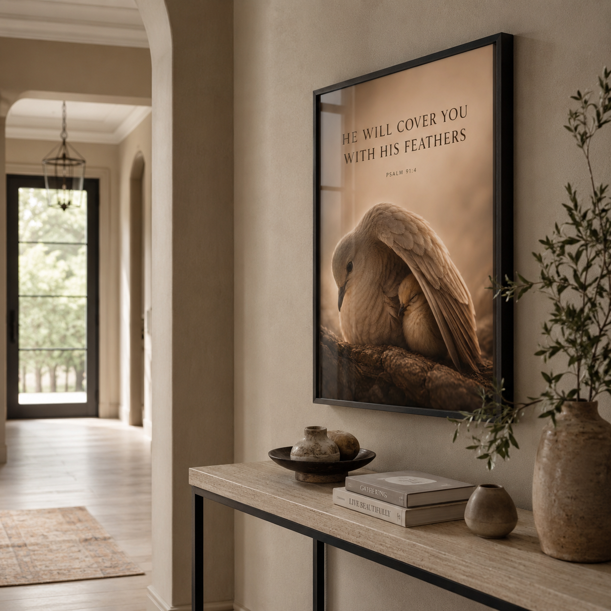 He Will Cover You – Psalm 91:4 Christian Wall Art | Premium Wooden Framed Scripture Print