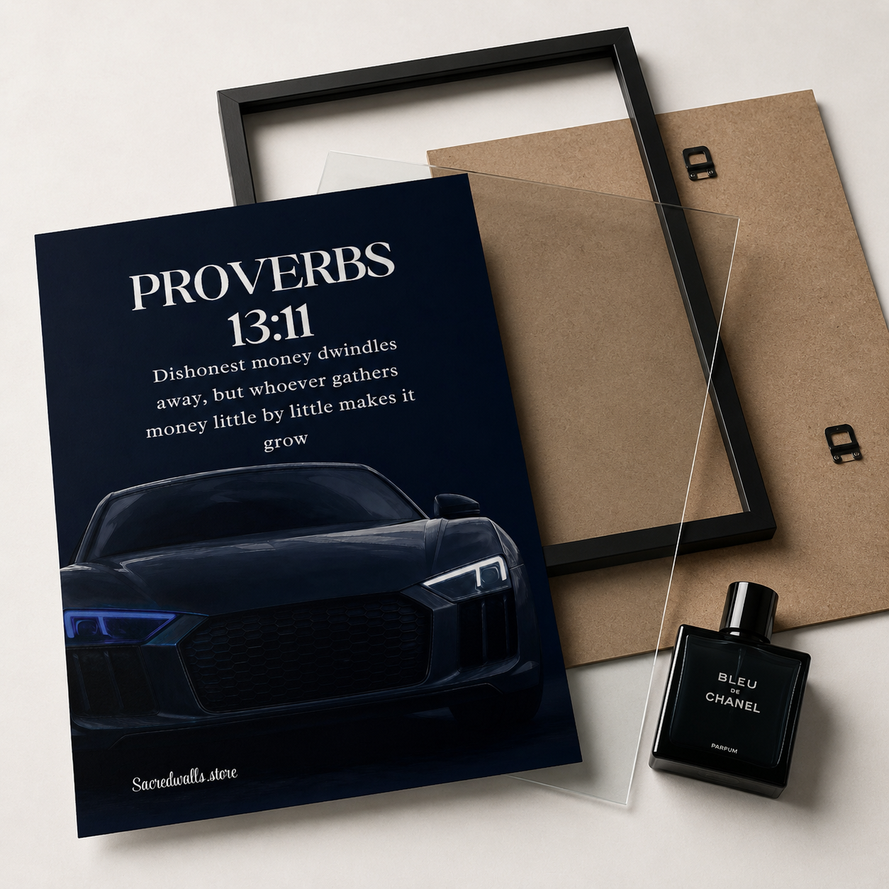 Proverbs 13:11 Christian Luxury Car Wall Art | Premium Metal Framed Bible Verse Print