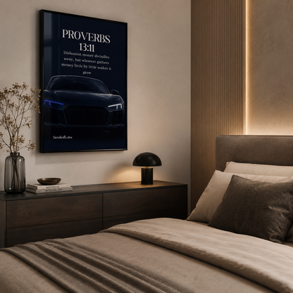 Proverbs 13:11 Christian Luxury Car Wall Art | Premium Metal Framed Bible Verse Print