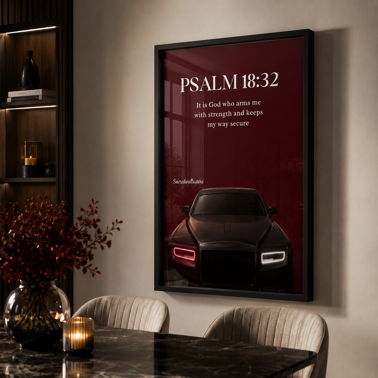Psalm 18:32 Christian Car Wall Art | Luxury Scripture Print for Men