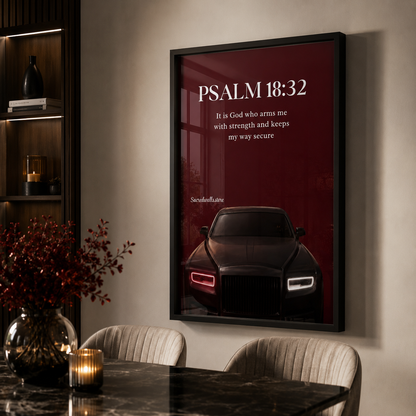 Psalm 18:32 Christian Car Wall Art | Luxury Scripture Print for Men
