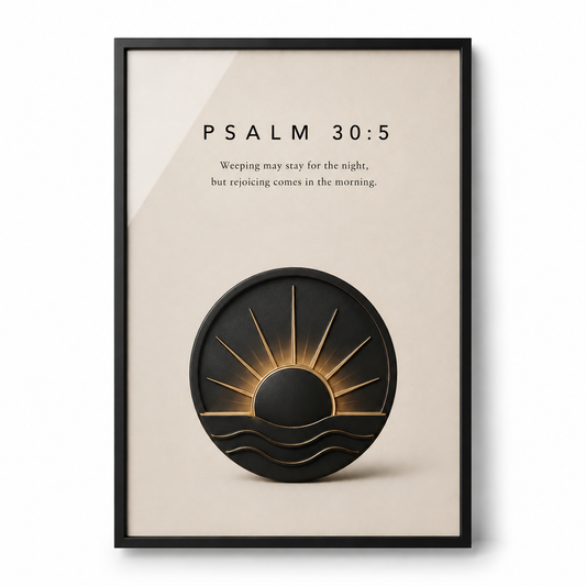 Morning Joy Psalm 30:5 Scripture wall art in a black frame on a plain background.