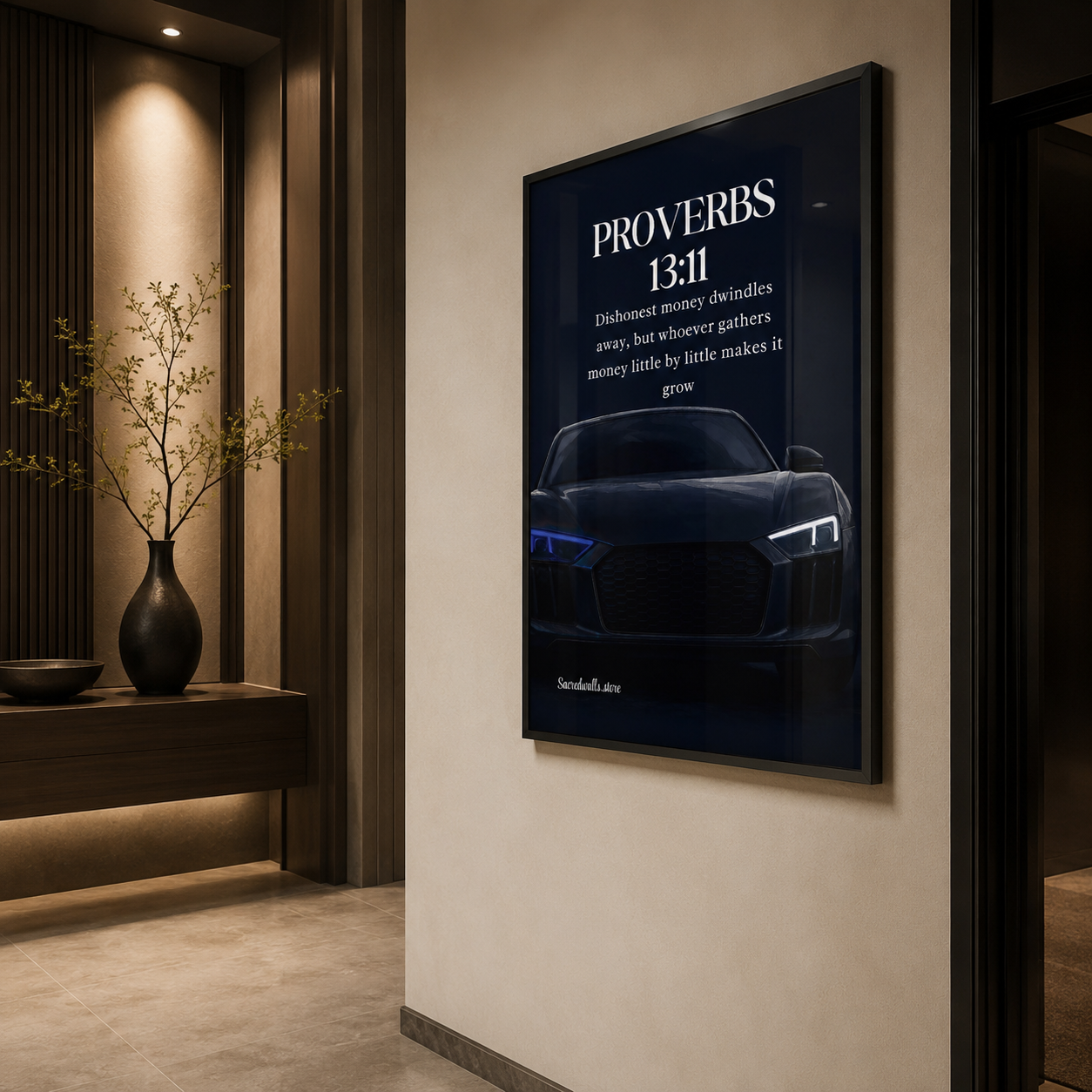 Proverbs 13:11 Christian Luxury Car Wall Art | Premium Metal Framed Bible Verse Print