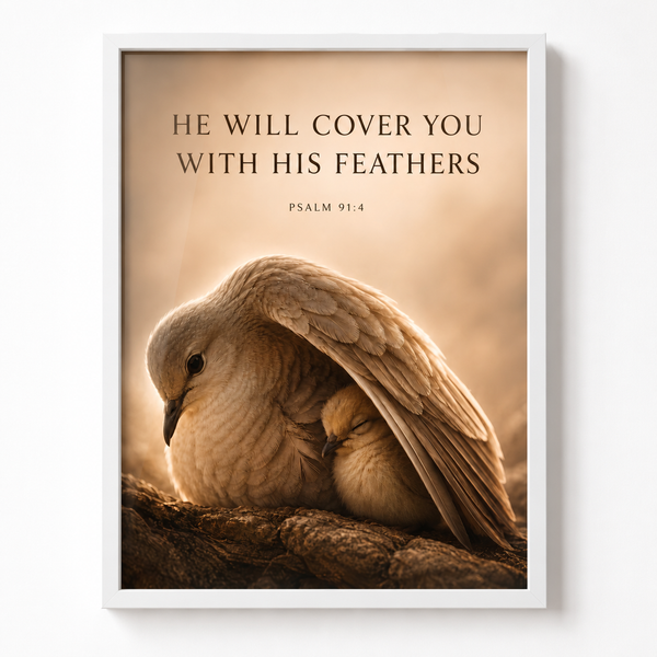 He Will Cover You – Psalm 91:4 Christian Wall Art | Premium Wooden Framed Scripture Print