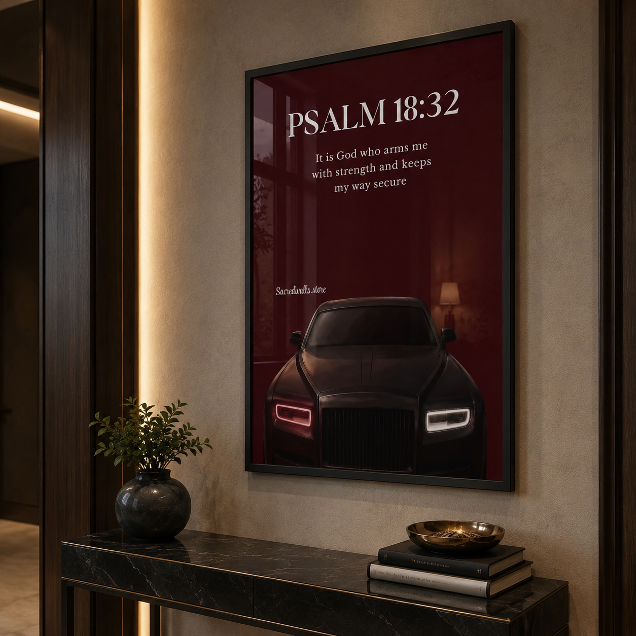 Psalm 18:32 Christian Car Wall Art | Luxury Scripture Print for Men