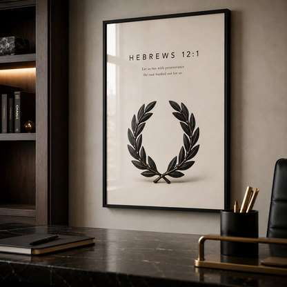 Hebrews 12:1 Christian Wall Art | Let Us Run with Perseverance | Premium Metal Framed Print