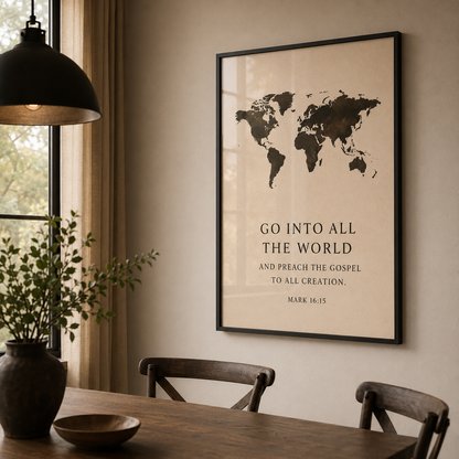 Go Into All the World – Mark 16:15 Christian Wall Art | Premium Wooden Framed Scripture Print