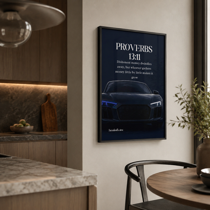 Proverbs 13:11 Christian Luxury Car Wall Art | Premium Metal Framed Bible Verse Print