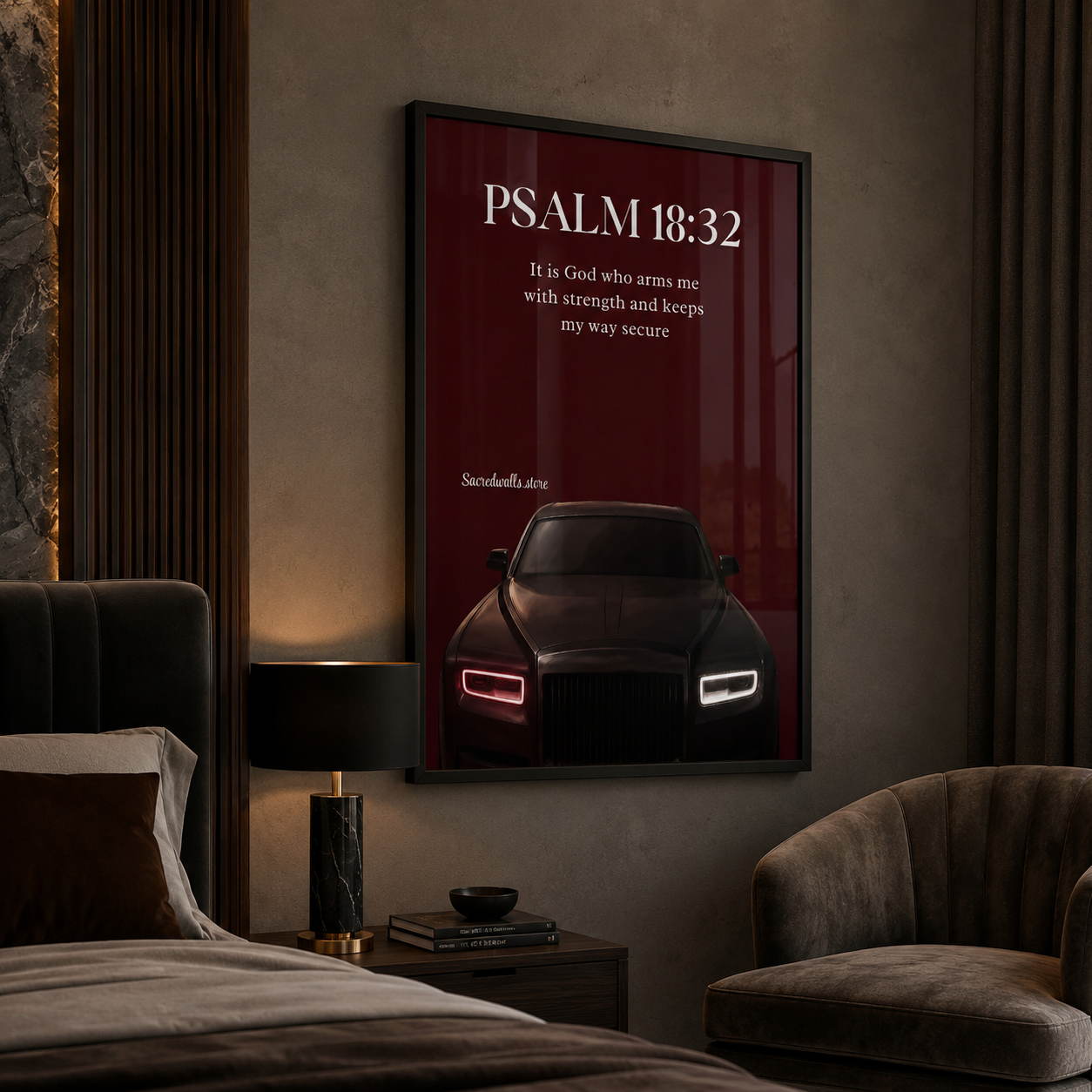 Psalm 18:32 Christian Car Wall Art | Luxury Scripture Print for Men