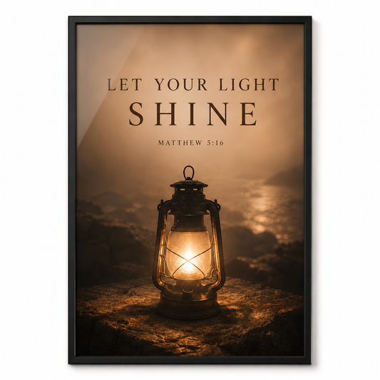 Shine Matthew 5:16 Matthew 5:16 wall art in a black frame on a plain background.
