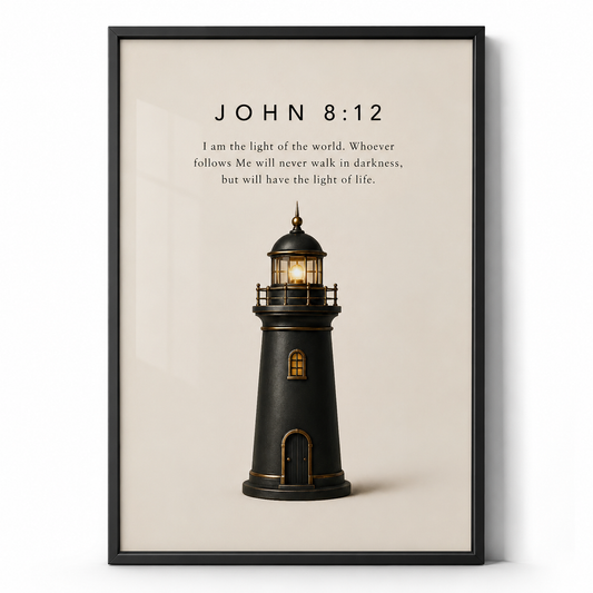 The Light John 8:12 light of the world wall art in a black frame on a plain background.