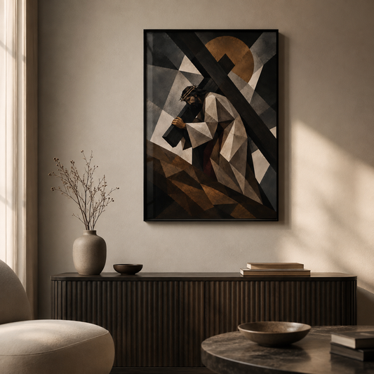 Calvary Jesus wall art above a sofa in a modern living room.