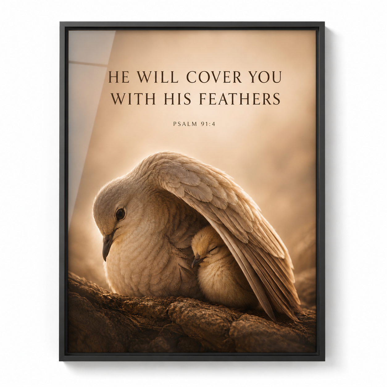 He Will Cover You – Psalm 91:4 Christian Wall Art | Premium Wooden Framed Scripture Print