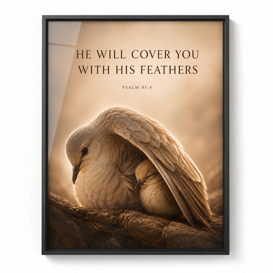 He Will Cover You – Psalm 91:4 Christian Wall Art | Premium Wooden Framed Scripture Print