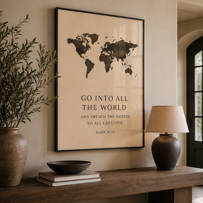Go Into All the World – Mark 16:15 Christian Wall Art | Premium Wooden Framed Scripture Print