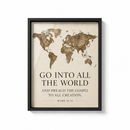Go Into All the World – Mark 16:15 Christian Wall Art | Premium Wooden Framed Scripture Print