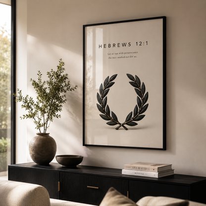 Hebrews 12:1 Christian Wall Art | Let Us Run with Perseverance | Premium Metal Framed Print