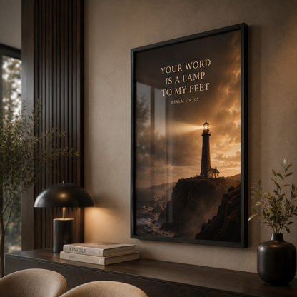Your Word Is a Lamp to My Feet – Psalm 119:105 Christian Lighthouse Wall Art | Premium Wooden Framed Print